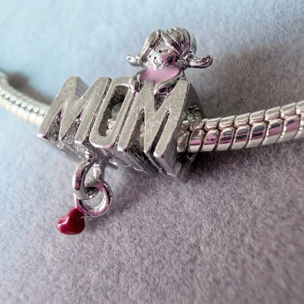 MOM Silver Girl Pink Red Heart Dangle Charm fits PANDORA